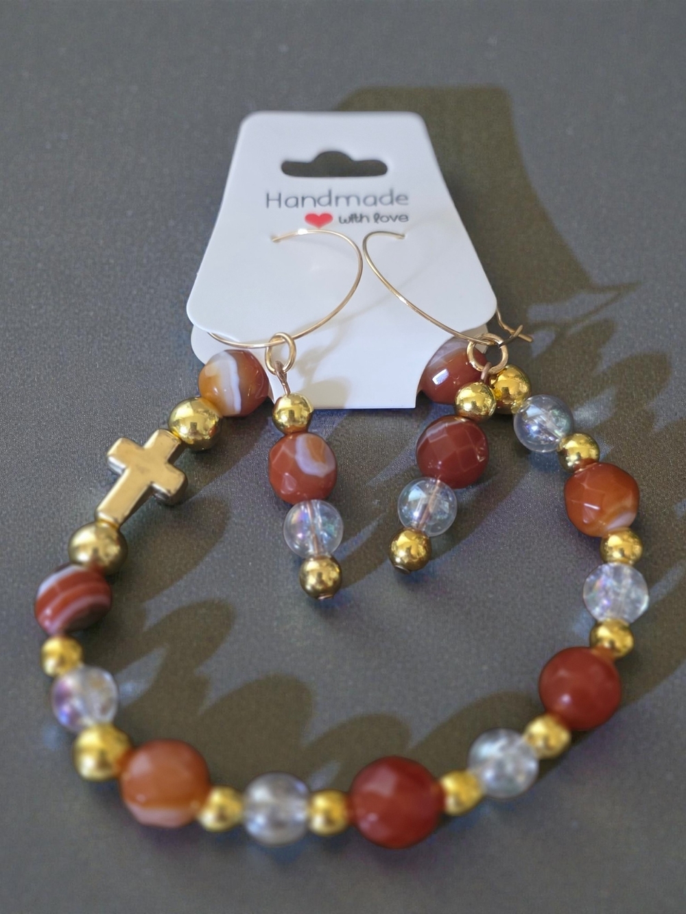 Handmade Agate Cross Bracelet & Earring Set Gold